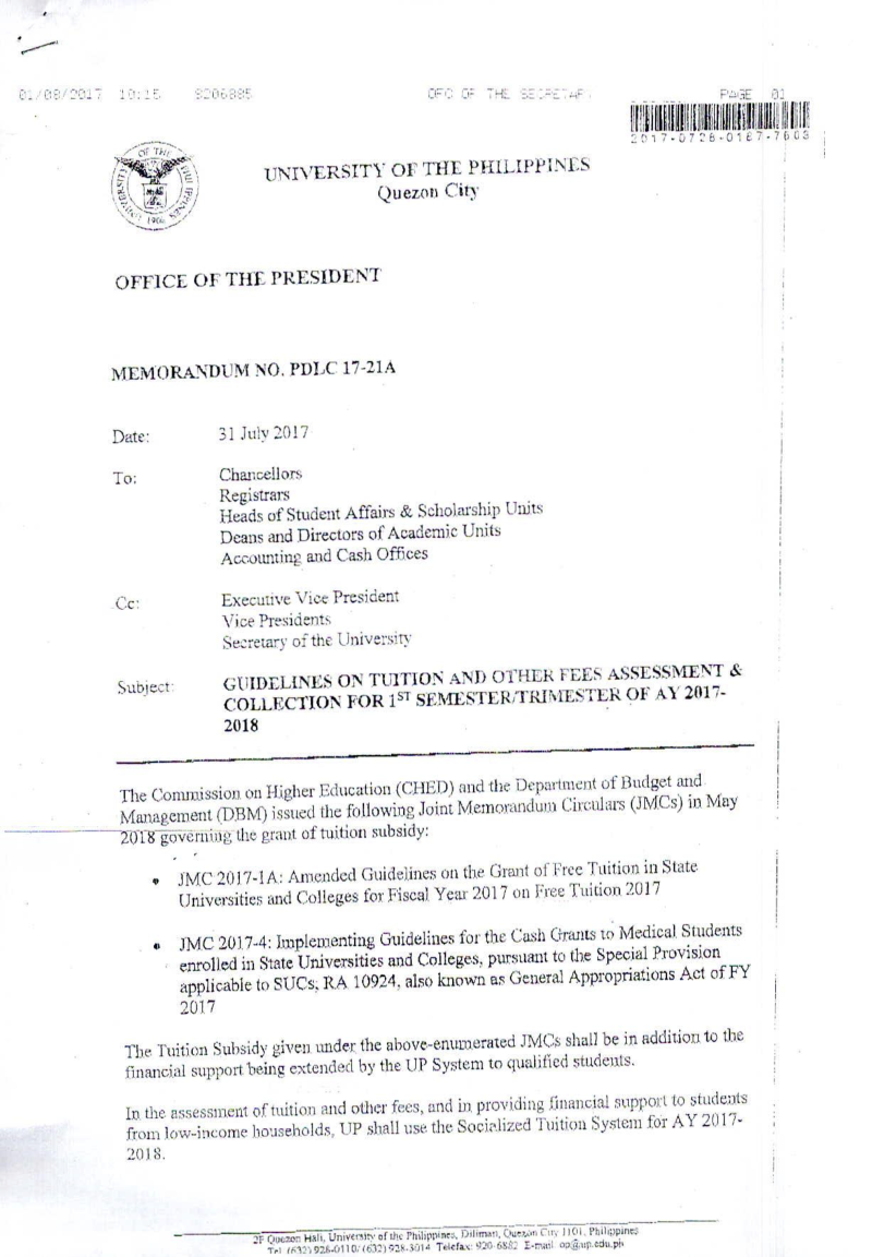 Guidelines on Tuition and Other Fees Assessment & Collection for 1st ...