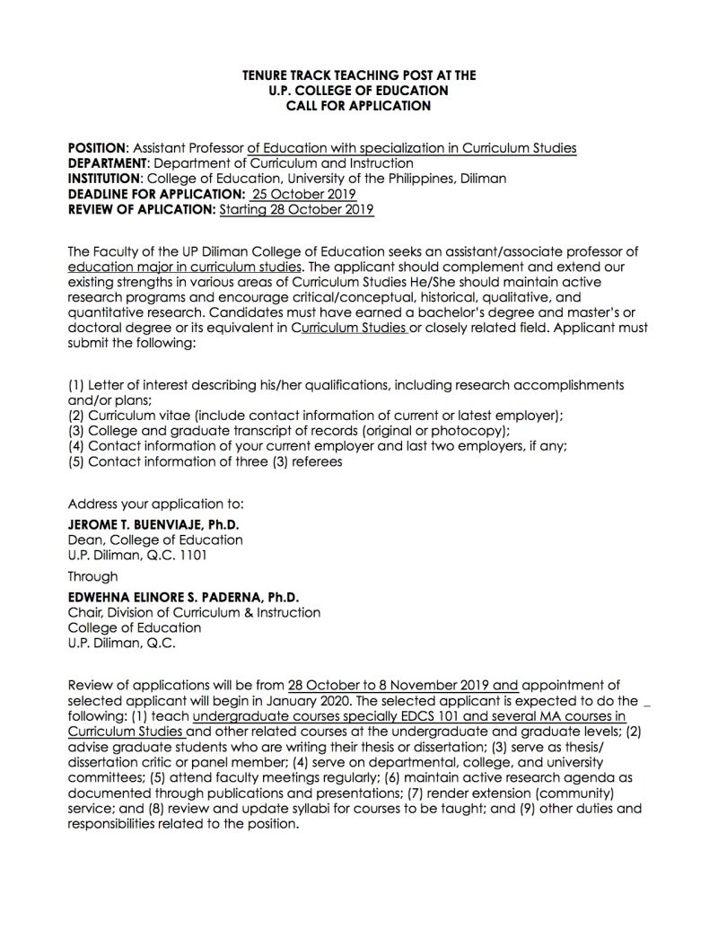 Call For Position Call for Application: Assistant Professor of Education with ...