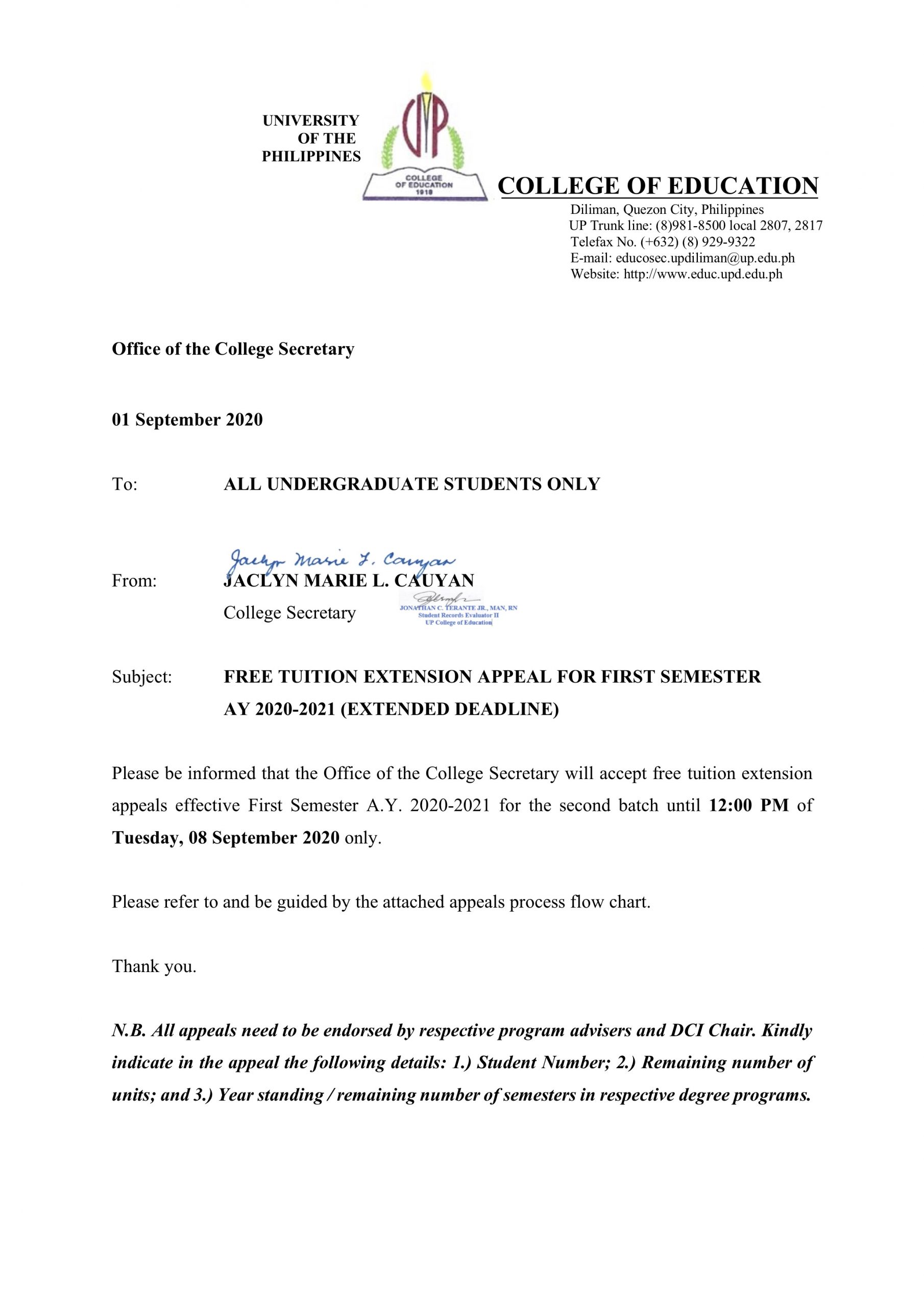 Free Tuition Extension Appeal for First Semester AY 20202021 (Extended Deadline) College of