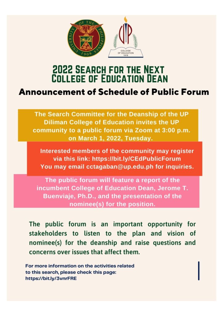 2022 Search for Next UP CEd Dean: Announcement of Schedule of Public ...