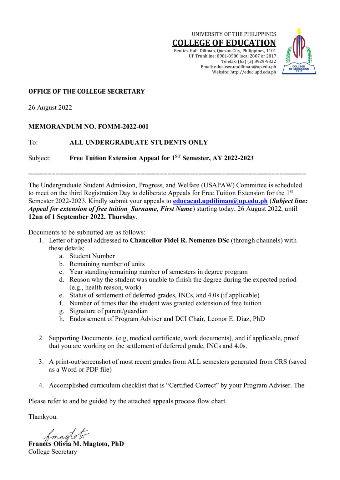 Free Tuition Extension Appeal for 1st Semester, AY 2022-2023 – College ...