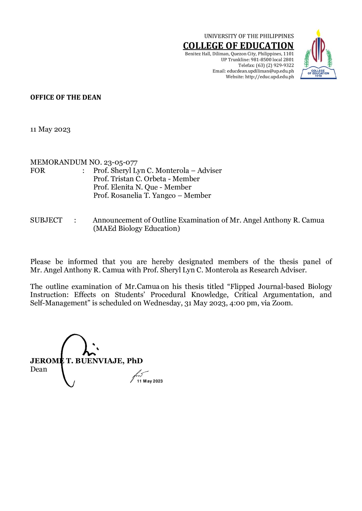 Announcement of Outline Examination of Mr. Angel Anthony R. Camua (MAEd ...