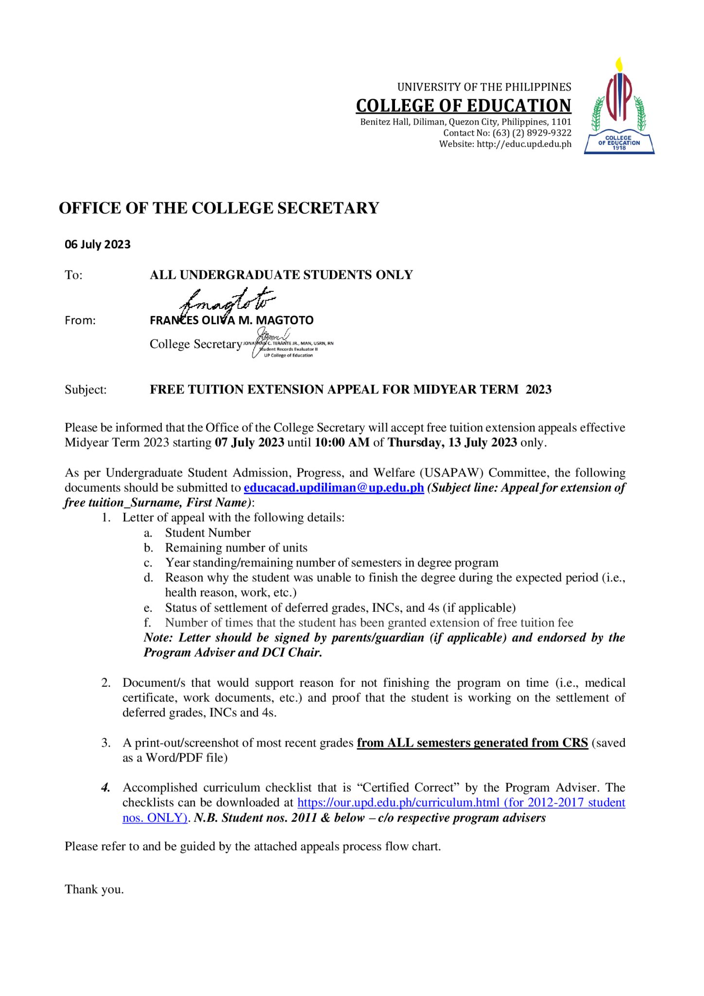 Free Tuition Extension Appeal for Midyear Term 2023 – College of Education