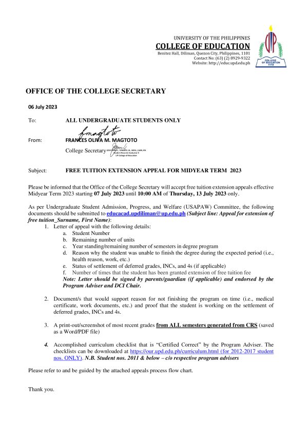 Free Tuition Extension Appeal for Midyear Term 2023 – College of Education