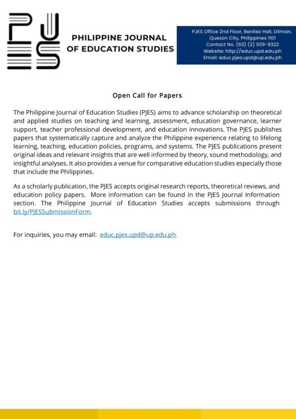 Open Call for Papers by the Philippine Journal of Education Studies ...