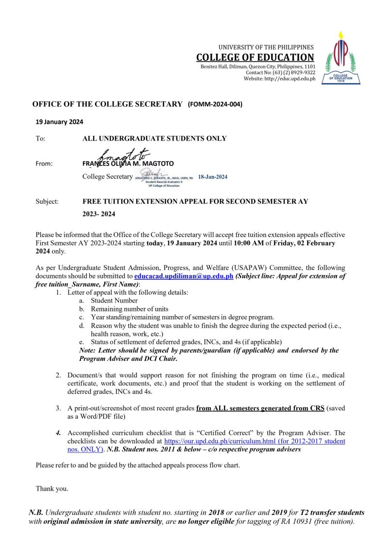 Free Tuition Extension Appeal for Second Semester A.Y. 2023 – 2024 ...