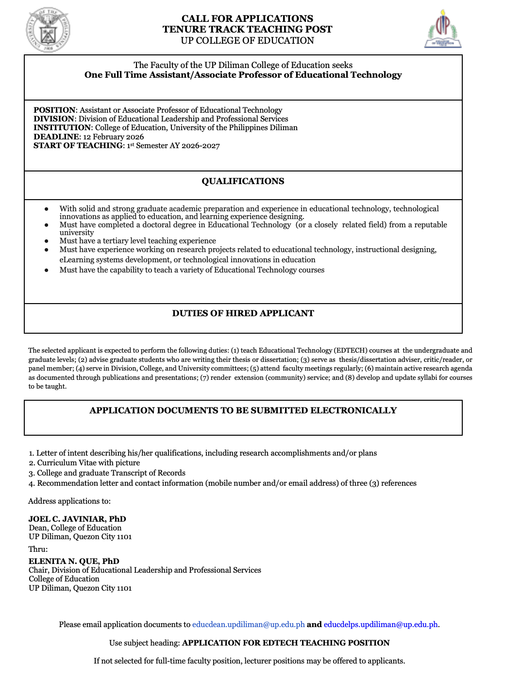 [Call for Applications] One Full Time Assistant/Associate Professor of ...